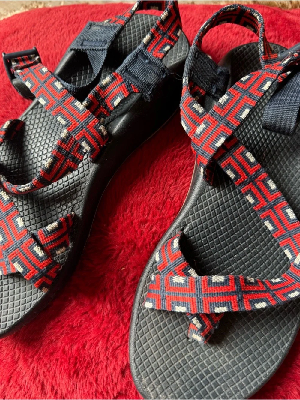 Chaco Women's Blue Sandals with Red and White Geometric Straps - Picture 6 of 7